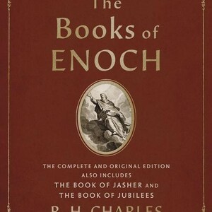 K&ouml;nnte beinhalten: Buchcover mit tiefrotem Hintergrund und goldfarbenem Text und Rahmen. Der Titel "The Books of Enoch" ist prominent dargestellt. Eine ovale Illustration eines Mannes befindet sich in der Mitte. Der Name des Autors, R. H. Charles, steht unten.