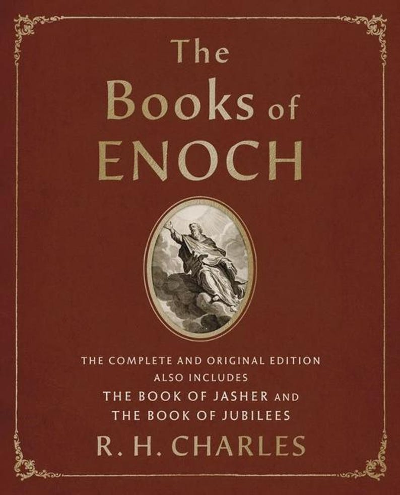 K&ouml;nnte beinhalten: Buchcover mit tiefrotem Hintergrund und goldfarbenem Text und Rahmen. Der Titel "The Books of Enoch" ist prominent dargestellt. Eine ovale Illustration eines Mannes befindet sich in der Mitte. Der Name des Autors, R. H. Charles, steht unten.