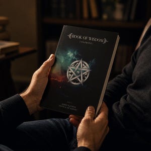 May include: A hardcover book titled "Book of Wisdom, Volume One" is held open. The cover features a silver pentagram with an eye in the center, set against a dark, cosmic background. The author's name and the phrase "Revival of Wisdom" are also printed on the cover.