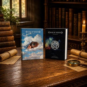 May include: Two hardback books titled "Book of Wisdom" on a wooden table. One book features an eye peering through clouds, the other a silver pentagram on a starry background. A lit candle and magnifying glass are also on the table.