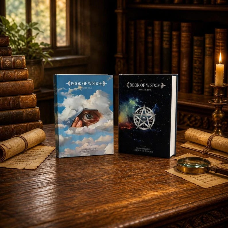 May include: Two hardback books titled "Book of Wisdom" on a wooden table. One book features an eye peering through clouds, the other a silver pentagram on a starry background. A lit candle and magnifying glass are also on the table.