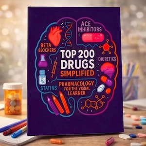 May include: A rectangular educational poster with a dark purple background featuring a stylized brain outline. The text reads Top 200 Drugs Simplified and Pharmacology for the Visual Learner, surrounded by colorful medical icons like a heart, DNA, pills, and syringes.