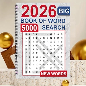 K&ouml;nnte beinhalten: Ein spiralgebundenes 2026 Big Book of Word Search 5000 mit wei&szlig;em Einband und hellgrauem Schmetterlingsmuster. Die Vorderseite zeigt gro&szlig;en roten und blauen Text, ein Buchstabenr&auml;tsel mit markierten W&ouml;rtern und ein rotes Banner mit New Words.