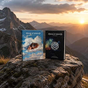 May include: Two hardcover books titled "Book of Wisdom" are displayed on a rock. One book features an eye peeking through clouds, the other a silver pentagram on a dark background. The books are set against a mountain range at sunset.
