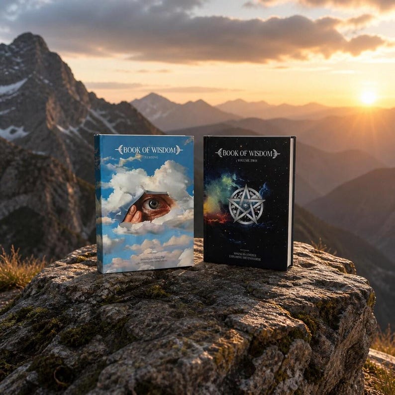 May include: Two hardcover books titled "Book of Wisdom" are displayed on a rock. One book features an eye peeking through clouds, the other a silver pentagram on a dark background. The books are set against a mountain range at sunset.