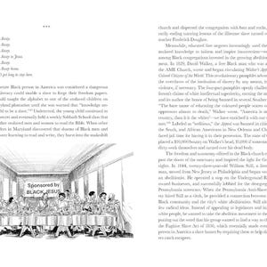 Puede incluir: Ilustraci&oacute;n en blanco y negro de un libro, que muestra a un grupo de personas sentadas a una mesa con el texto "Sponsored by BLACK JESUS" encima. El texto de la izquierda incluye frases como "Steal Away" y "I ain't got long to stay here."