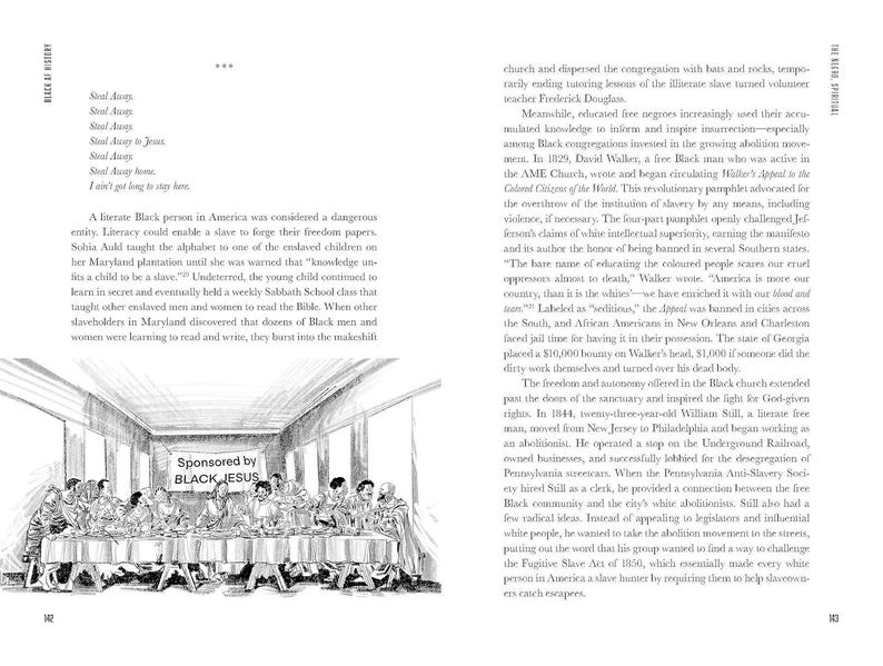 Puede incluir: Ilustraci&oacute;n en blanco y negro de un libro, que muestra a un grupo de personas sentadas a una mesa con el texto "Sponsored by BLACK JESUS" encima. El texto de la izquierda incluye frases como "Steal Away" y "I ain't got long to stay here."