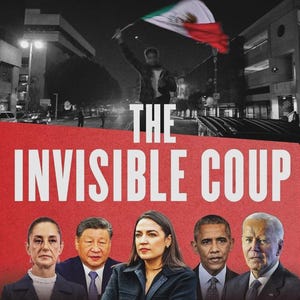 May include: A book cover titled The Invisible Coup by Peter Schweizer. The top text reads How American Elites and Foreign Powers Use Immigration as a Weapon. The cover features a black and white street scene with a flag and five political figures.