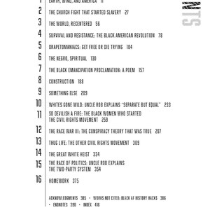 Puede incluir: Una p&aacute;gina blanca con un &iacute;ndice negro para un libro. El texto incluye t&iacute;tulos de cap&iacute;tulos como "Earth, Wind, and America", "The Church Fight That Started Slavery" y "Thug Life: The Other Civil Rights Movement".