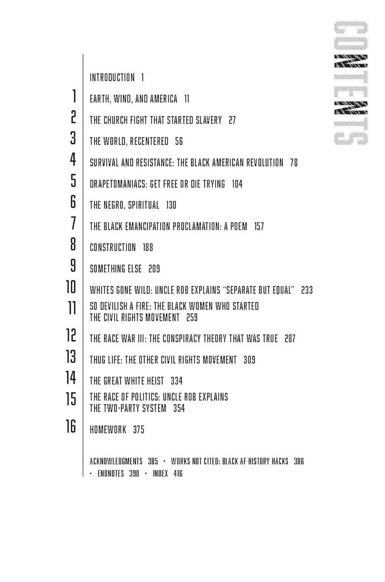 Puede incluir: Una p&aacute;gina blanca con un &iacute;ndice negro para un libro. El texto incluye t&iacute;tulos de cap&iacute;tulos como "Earth, Wind, and America", "The Church Fight That Started Slavery" y "Thug Life: The Other Civil Rights Movement".