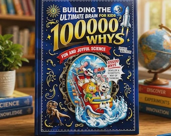 Könnte beinhalten: Ein gebundenes Buch mit dem Titel Building the Ultimate Brain for Kids 100000 Whys Fun and Joyful Science von Doris Walton. Das blaue Cover zeigt eine Rakete, einen Dinosaurier und Zeichentricktiere in einer Achterbahn mit einer Sprechblase.