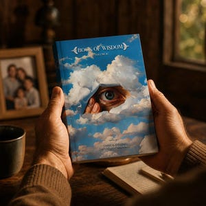 May include: A person holding a book titled "BOOK OF WISDOM VOLUME II". The book cover features a blue sky with clouds and an eye peering through. The book's title and author's name are visible.