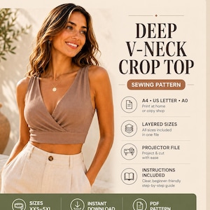 Pode incluir: Um molde de costura para um top curto com decote em V profundo. O texto diz: DEEP V-NECK CROP TOP, SEWING PATTERN, A4, US LETTER, A0, LAYERED SIZES, PROJECTOR FILE, INSTRUCTIONS INCLUDED, SIZES XXS-5XL, INSTANT DOWNLOAD, PDF PATTERN.