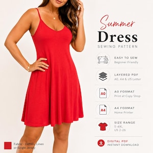 Peut inclure: Un patron de couture de robe d'été rouge avec des bretelles fines et une jupe évasée. L'image comprend le texte "Summer Dress Sewing Pattern", "Easy to Sew" et "Digital PDF Instant Download". La gamme de tailles est S-4XL, US 2-26.
