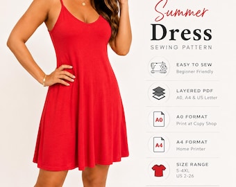 Summer Dress Sewing Pattern PDF, Slip Dress Pattern, Easy Sewing Pattern for Women, A Line Mini Dress Pattern, Beginner Sewing Project