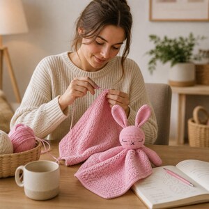 May include: A woman crocheting a pink baby blanket with a matching bunny security blanket. The bunny has closed eyes and long ears. A basket of pink yarn and a mug sit on the table. A notebook with a bunny sketch and a pink pen are also on the table.