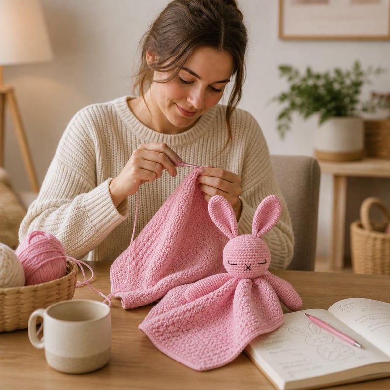 May include: A woman crocheting a pink baby blanket with a matching bunny security blanket. The bunny has closed eyes and long ears. A basket of pink yarn and a mug sit on the table. A notebook with a bunny sketch and a pink pen are also on the table.