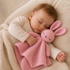 May include: A sleeping baby cuddles a pink crochet bunny security blanket. The bunny has long ears, closed eyes, and a stitched cross for a mouth. The baby is wrapped in a cream-colored blanket.