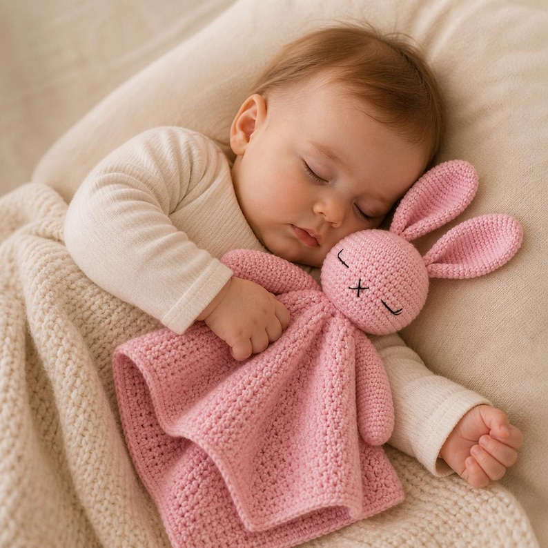 May include: A sleeping baby cuddles a pink crochet bunny security blanket. The bunny has long ears, closed eyes, and a stitched cross for a mouth. The baby is wrapped in a cream-colored blanket.