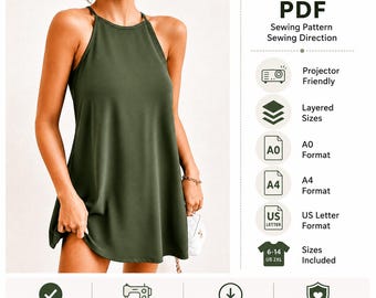 Halter Neck Midi Dress Sewing Pattern PDF, Easy Summer Dress Pattern, A Line Mini Dress Tutorial, Women XS XXL, Instant Download
