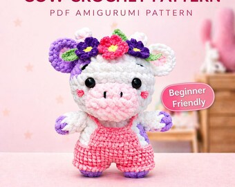 Cute Flower Cow Crochet Pattern Amigurumi Cow PDF Plush Cow Pattern Kawaii Dairy Cow Toy Instant Download Beginner Friendly Kids Gift Idea
