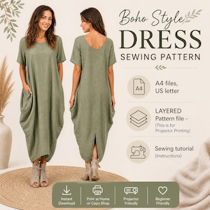 May include: A green Boho style dress sewing pattern. The image shows a front and back view of a woman wearing a green dress with pockets. The text on the image says "Boho Style DRESS SEWING PATTERN". Includes A4 files, US letter, layered pattern file, and sewing tutorial.