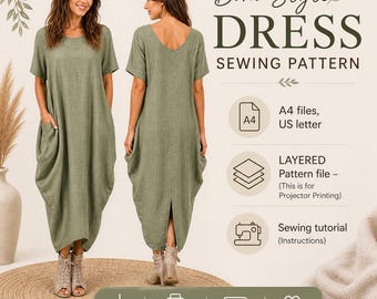Boho Style Dress Sewing Pattern | Loose Maxi Dress PDF | Oversized Kaftan Dress Pattern | Beginner Friendly | A4 US Letter Projector File