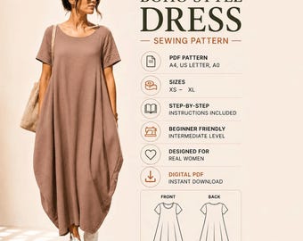 Boho Style Dress Sewing Pattern | Loose Maxi Dress PDF | Oversized Kaftan Dress Pattern | Beginner Friendly | A4 US Letter Projector File