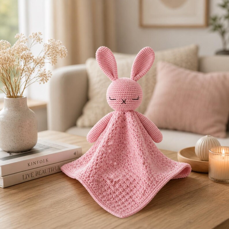May include: A handmade pink crochet bunny security blanket. The bunny has long ears, closed eyes, and a small cross-stitch mouth. The blanket is square with a textured pattern. The item is displayed on a wooden table with a vase and books in the background.