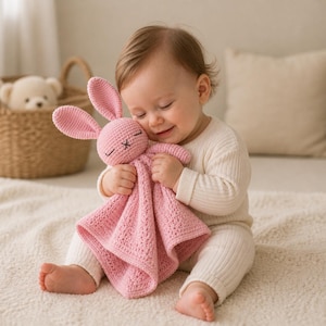 May include: A pink crocheted bunny lovey with closed eyes and an embroidered cross for a mouth. The bunny is attached to a square blanket. The baby toy is made of soft yarn and is designed for infants.