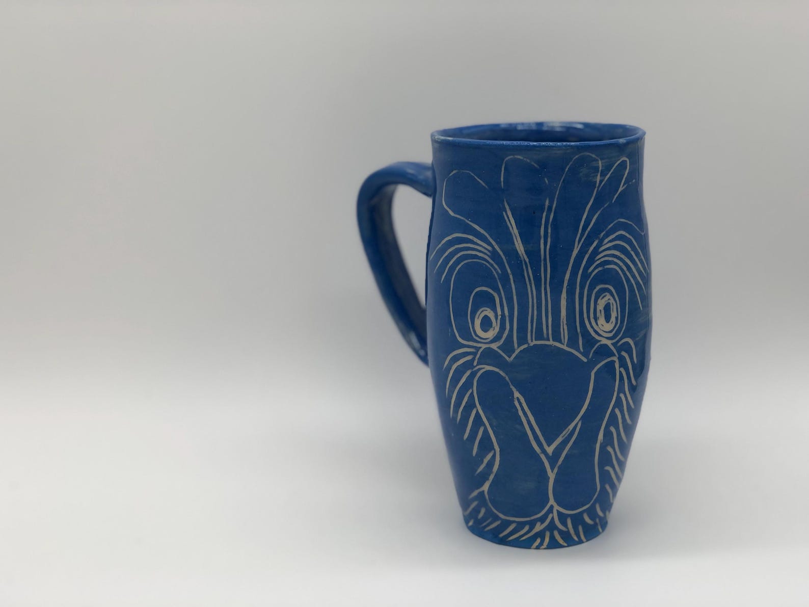 Cloud Blue Carved Bird Mug - Handmade Stoneware - Rooster Folk Art Coffee Cup
