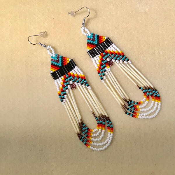 Native American Made Lakota Beauty #3 Beaded Quill Loop Earrings