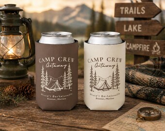 Camp Crew Getaway Bachelorette Can Coolers, Personalized Can Sleeves, Custom Beach Coastal Grandmother Bachelorette Party Favors