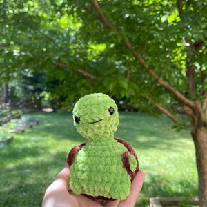Puede incluir: Una tortuga verde hecha a mano con un caparazón marrón. La tortuga tiene pequeños ojos negros y una cara sonriente. El peluche se sostiene en una mano sobre un fondo verde borroso de hierba y árboles.