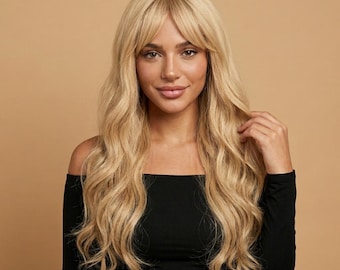 Golden Blonde Wavy Wig With Bangs | Long Synthetic Heat-Resistant 26 Inch Glueless