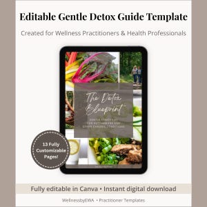 May include: A digital tablet displaying an editable guide template titled The Detox Blueprint, featuring images of fresh produce and nature. The screen includes text about gentle strategies for autoimmune conditions and a badge stating 13 Fully Customizable Pages.