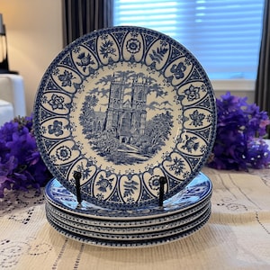 Set di 6 piatti vintage Broadhurst Ironstone – Decorazione con decorazione a trasferimento blu dell'Abbazia di Westminster, Inghilterra