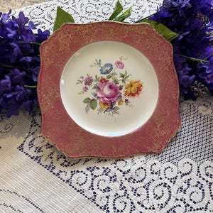 Royal Winton Grimwades Claret Gold Chintz Square Plate | Hand-Painted Floral Center, Filigree Border