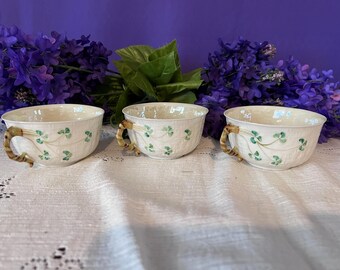 Trio of Vintage Belleek Shamrock Basketweave Teacups - 6th Green Mark (1965-1980) - Replacement Cups