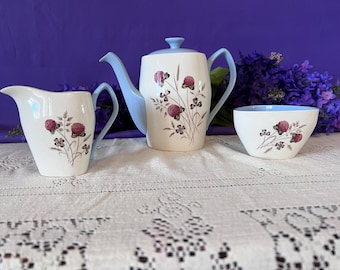 Juego de té Spode "Summer Days" de mediados de siglo – Tetera, lechera y azucarero de loza inglesa de la década de 1950 – S3304