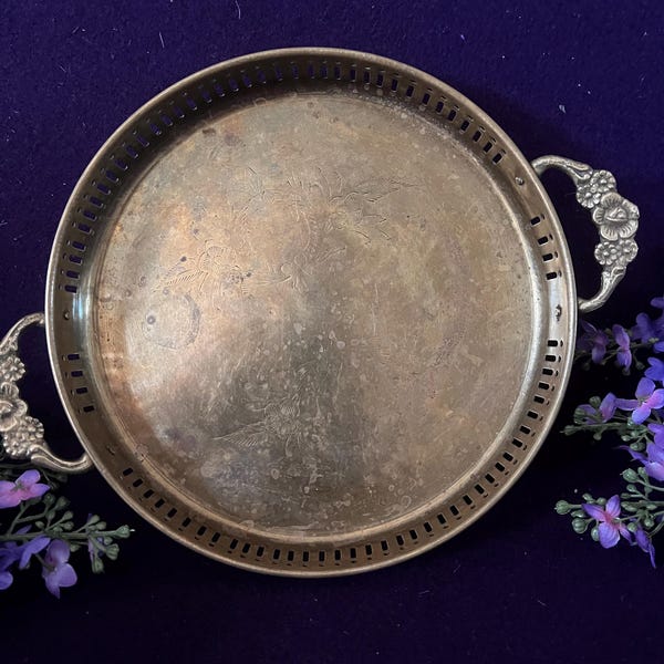 Vintage Indian Brass Tray, Ornate Floral Handles, Pierced Gallery Rim, 8.5-inch Round
