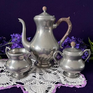 Vintage Royal Holland tinnen theeservies, 3-delige set uit het midden van de 20e eeuw, KMD Tiel theepot, melkkannetje, suikerpot, retro serviesdecoratie