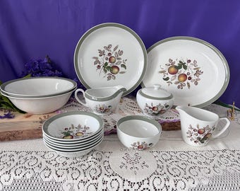 Vintage Alfred Meakin Hereford Ironstone 20 -Piece Set | Harvest Fruit & Sage Green Rim  | Two Serving Bowls, Platter, Cream, Sugar
