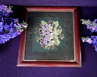Vintage Hand-Stitched Pansy Bouquet, Framed | Romantic Cottagecore Embroidery Wall Art