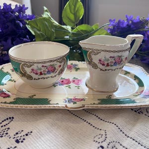 Vintage "The Bouquet" Cream and Sugar Set with Tray - Myott Soho Pottery -Pink Rose & Forget-Me-Not