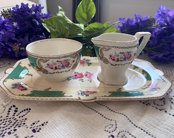 Vintage "The Bouquet" Cream and Sugar Set with Tray - Myott Soho Pottery -Pink Rose & Forget-Me-Not