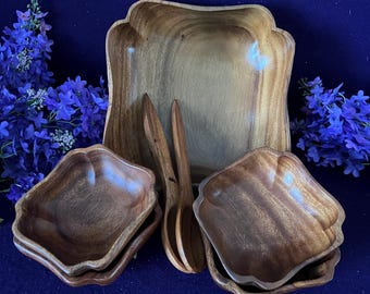 Vintage Monkey Pod Wood Salad Serving Set, 7-Piece | Hand-Crafted Philippines