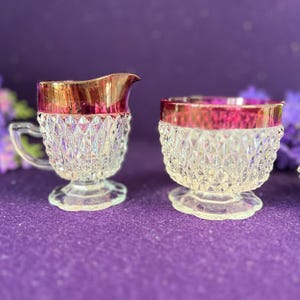 Vintage Indiana glas Ruby Diamond Point sockerskål gräddkanna set | Mitten av århundradet porslin