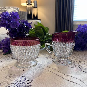 Vintage Indiana Glass Ruby Flash Diamond Point Sugar Bowl & Creamer Set | Mid-Century Modern Red Stained Glass Tableware