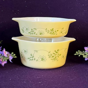 Puede incluir: Dos cuencos de cerámica de color amarillo pálido apilados con asas laterales integradas. Cada cuenco presenta un delicado patrón botánico verde de enredaderas finas, hojas pequeñas y varias flores que rodean la superficie exterior.